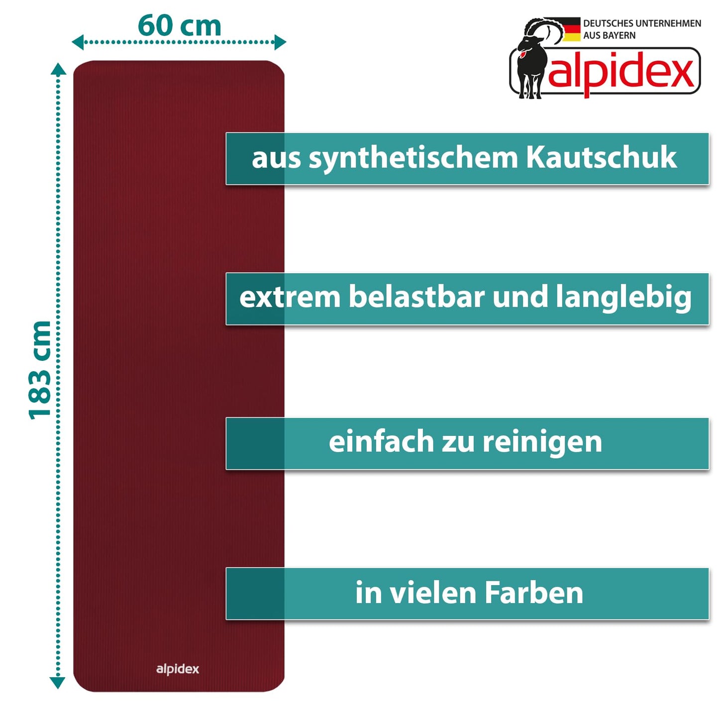 ALPIDEX Yogamatte 183 x 60 x 0,8 cm phthalatfreie Fitnessmatte mit Tragegurt, rutschfest, für Gymnastik, Pilates, Sport, Physiotherapie, HiiT, Yoga, Training und Schlafmatte, hautfreundlich