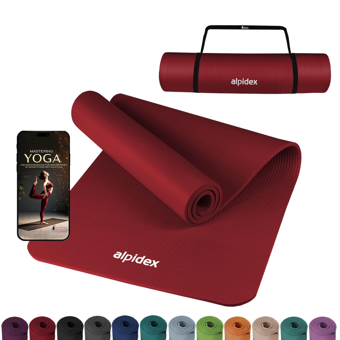ALPIDEX Yogamatte 183 x 60 x 0,8 cm phthalatfreie Fitnessmatte mit Tragegurt, rutschfest, für Gymnastik, Pilates, Sport, Physiotherapie, HiiT, Yoga, Training und Schlafmatte, hautfreundlich