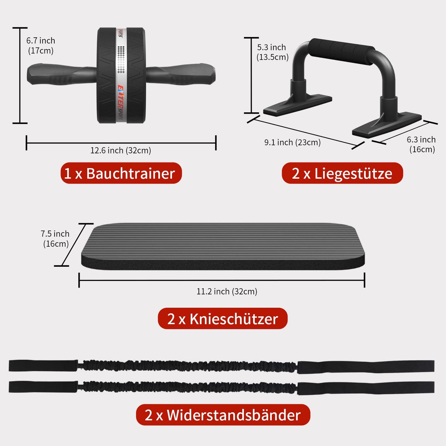 Bauchmuskeltrainer 6-in-1 Set mit AB Roller Widerstandsbänder & Kniematte