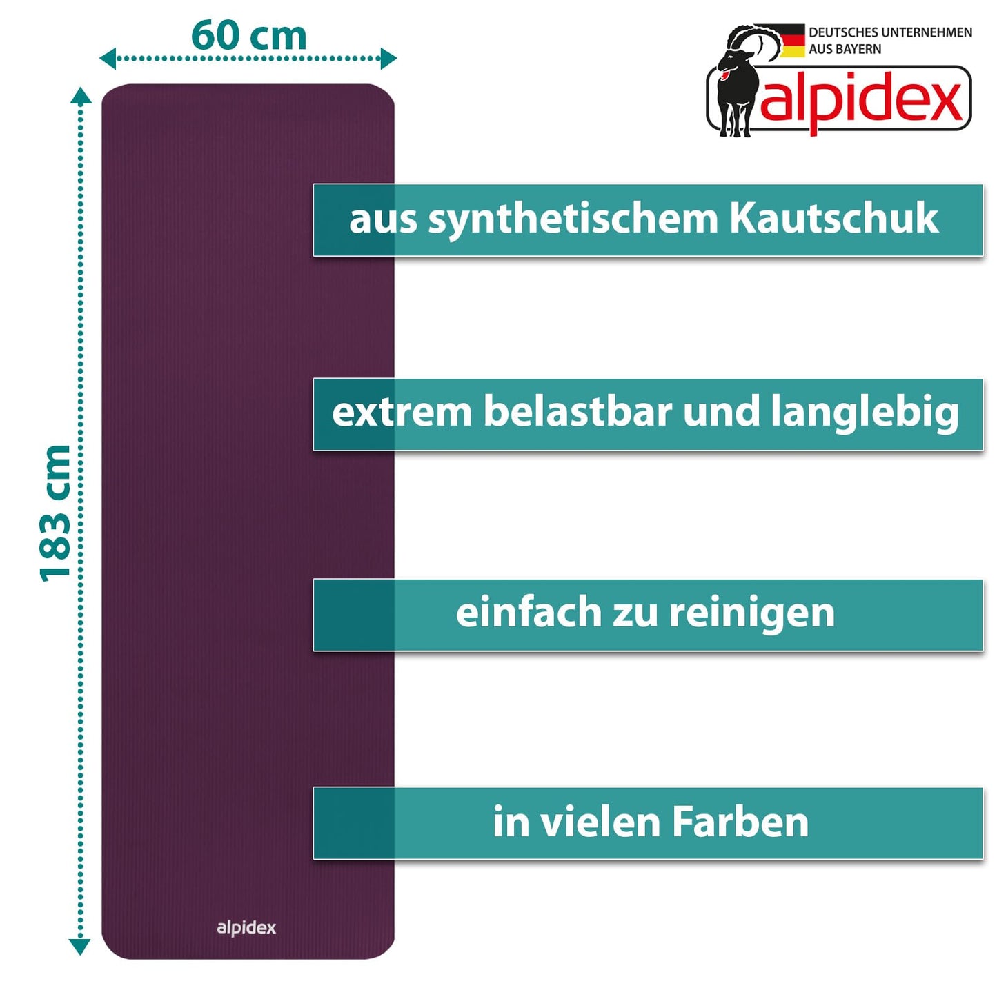 ALPIDEX Yogamatte 183 x 60 x 0,8 cm phthalatfreie Fitnessmatte mit Tragegurt, rutschfest, für Gymnastik, Pilates, Sport, Physiotherapie, HiiT, Yoga, Training und Schlafmatte, hautfreundlich
