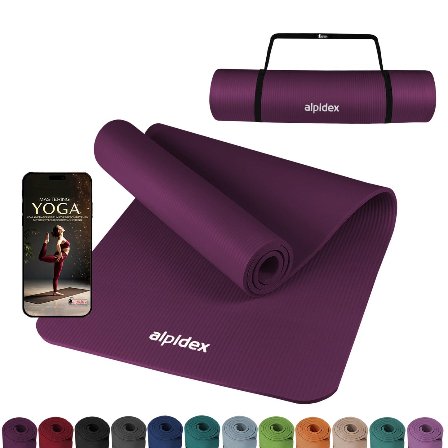 ALPIDEX Yogamatte 183 x 60 x 0,8 cm phthalatfreie Fitnessmatte mit Tragegurt, rutschfest, für Gymnastik, Pilates, Sport, Physiotherapie, HiiT, Yoga, Training und Schlafmatte, hautfreundlich