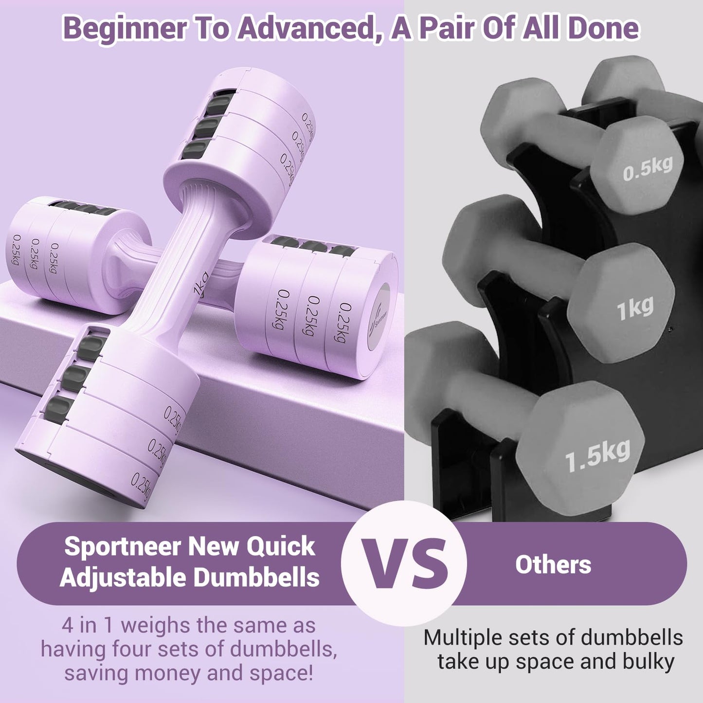 Sportneer Verstellbares Kurzhantel-Set - Kurzhanteln für Frauen, je 1-2,5 kg, 4-in-1 Kurzhantel-Set zu 2, Verstellbares Kurzhantel-Set für Heim-Fitnessstudio, Fitness, Krafttraining, Geschenk