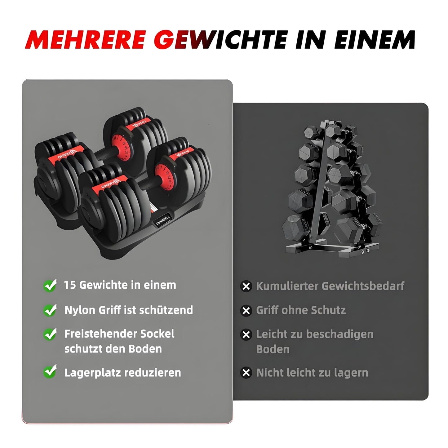 2 x 24/40 kg verstellbare Hanteln, 15-in-1 Hantelset, verstellbare platzsparende Hanteln, Kraft- und Heimtraining, variable Gewichte, platzsparend (24-40 kg)
