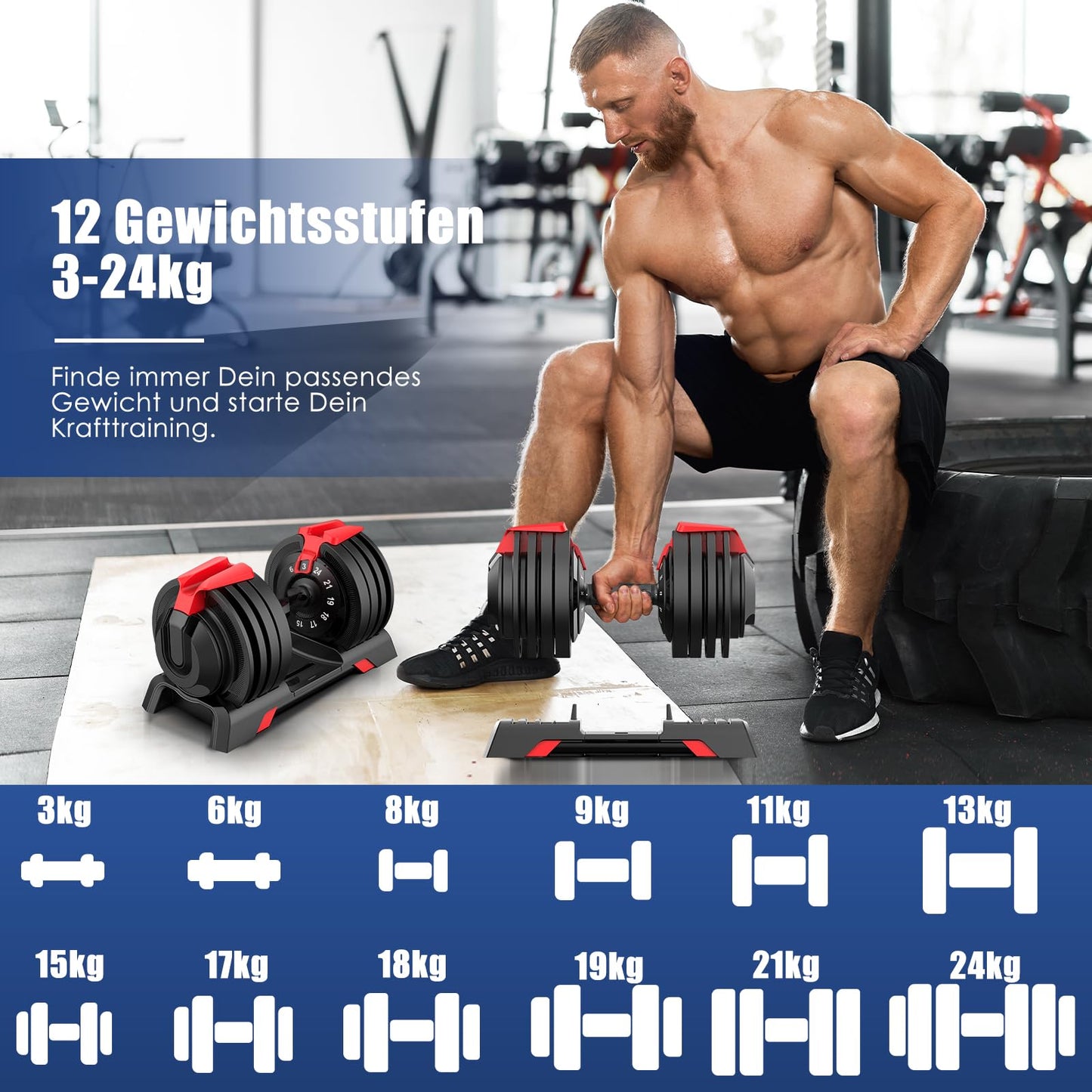DH FitLife verstellbare Hantel 3 bis 24 kg mit 12 Gewichtsstufen, Hantelset mit Gewichtsscheiben, verstellbare Gewichte 12 in 1