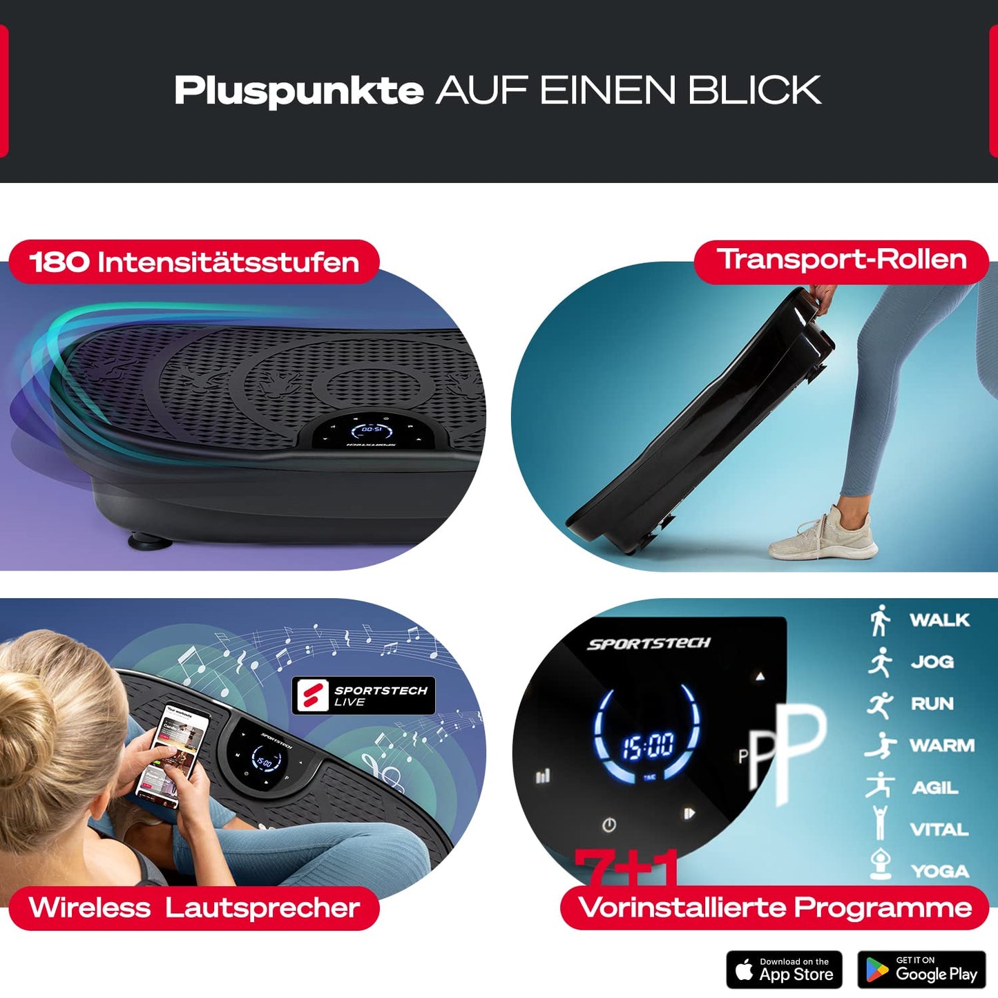 Vibrationsplatte Sportstech VP250 - 180 Stufen Bluetooth bis 120kg