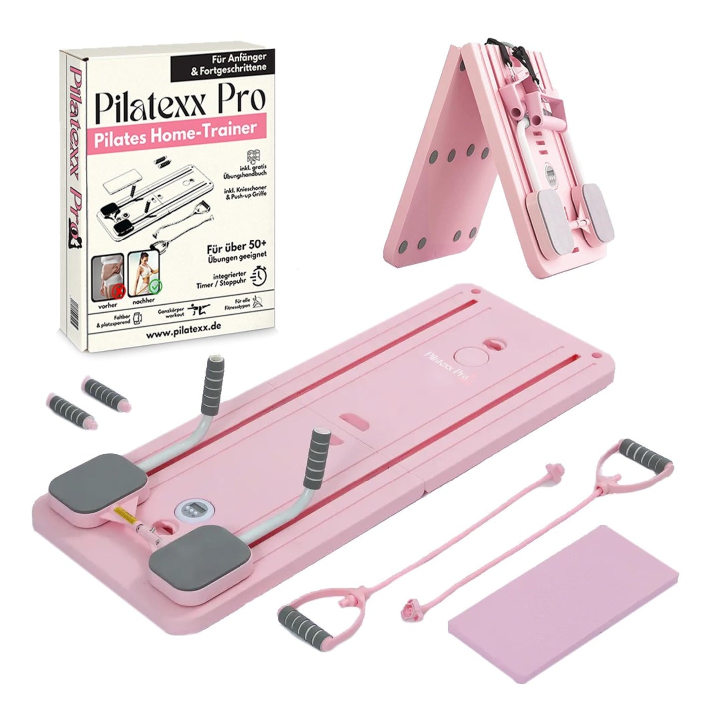 Pro – Klappbarer Pilates-Reformer & Heimtrainer – Über 50 Übungen mit Videoanleitungen – Inklusive Timer, Widerstandsbändern, Griffen & Kniepolstern – Ganzkörpertraining