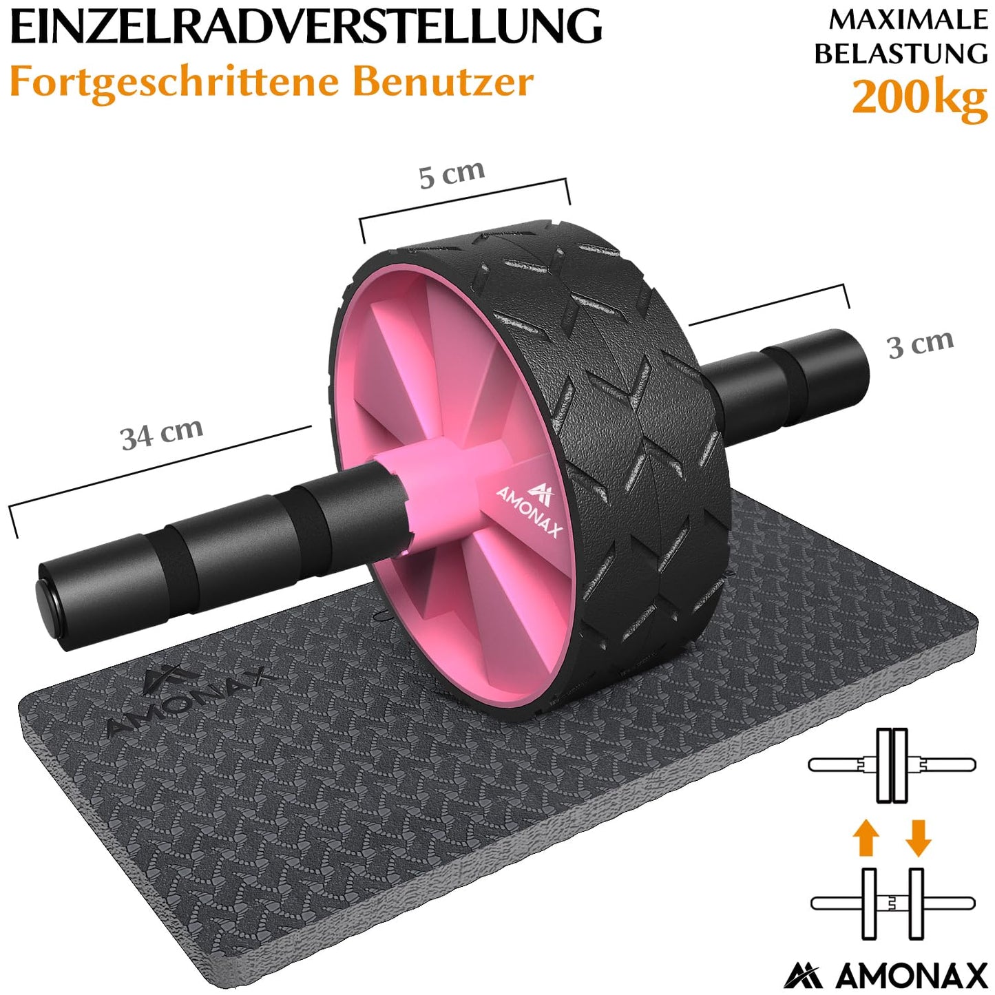 Bauchmuskeltrainer AB Roller 2-in-1 mit Kniematte - bis 150kg