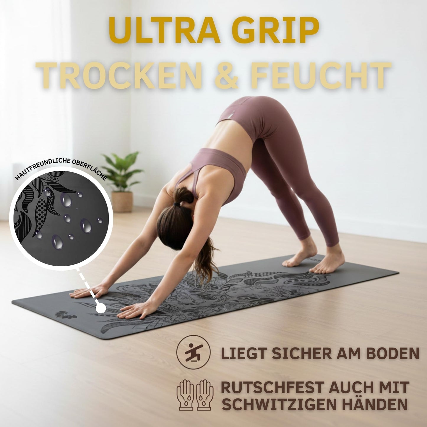 Yogamatte Naturkautschuk Ultra Grip - Extra Breit 68cm 4mm