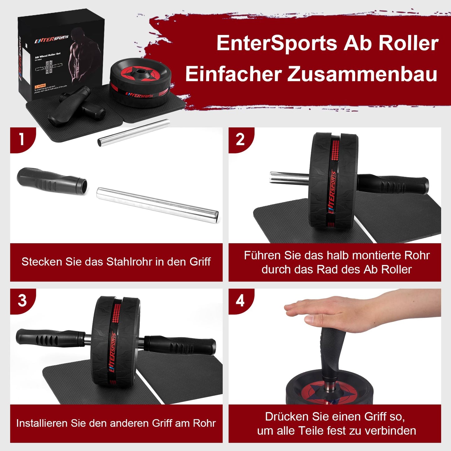 Bauchmuskeltrainer 6-in-1 Set mit AB Roller Widerstandsbänder & Kniematte