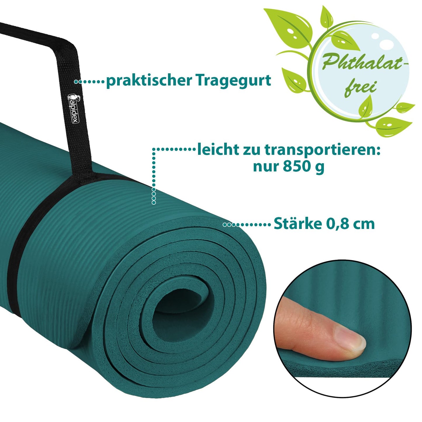 ALPIDEX Yogamatte 183 x 60 x 0,8 cm phthalatfreie Fitnessmatte mit Tragegurt, rutschfest, für Gymnastik, Pilates, Sport, Physiotherapie, HiiT, Yoga, Training und Schlafmatte, hautfreundlich