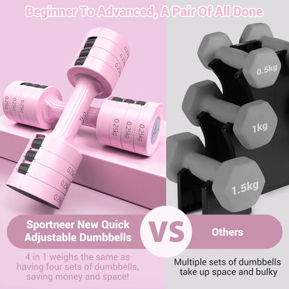 Sportneer Verstellbares Kurzhantel-Set - Kurzhanteln für Frauen, je 1-2,5 kg, 4-in-1 Kurzhantel-Set zu 2, Verstellbares Kurzhantel-Set für Heim-Fitnessstudio, Fitness, Krafttraining, Geschenk