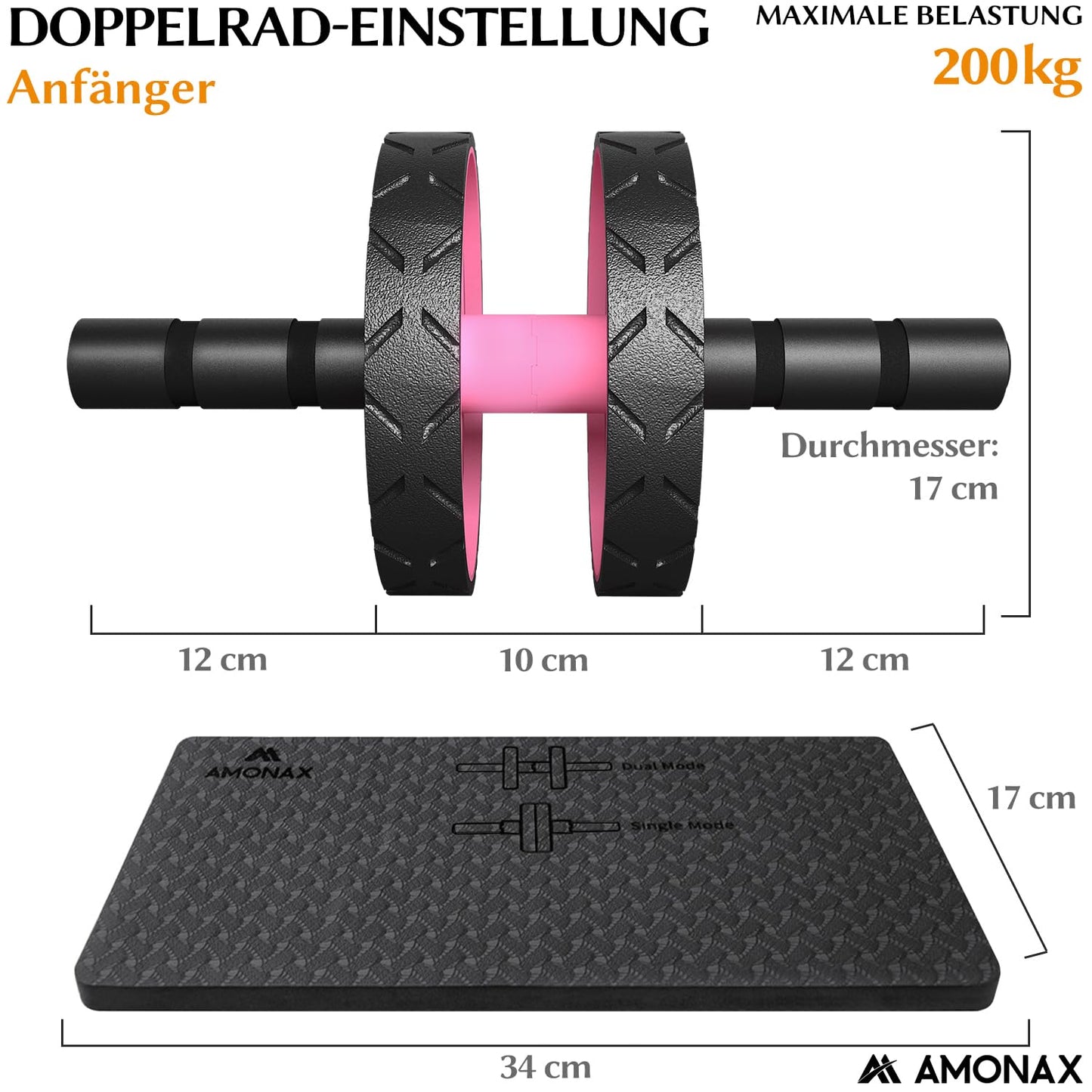 Bauchmuskeltrainer AB Roller 2-in-1 mit Kniematte - bis 150kg