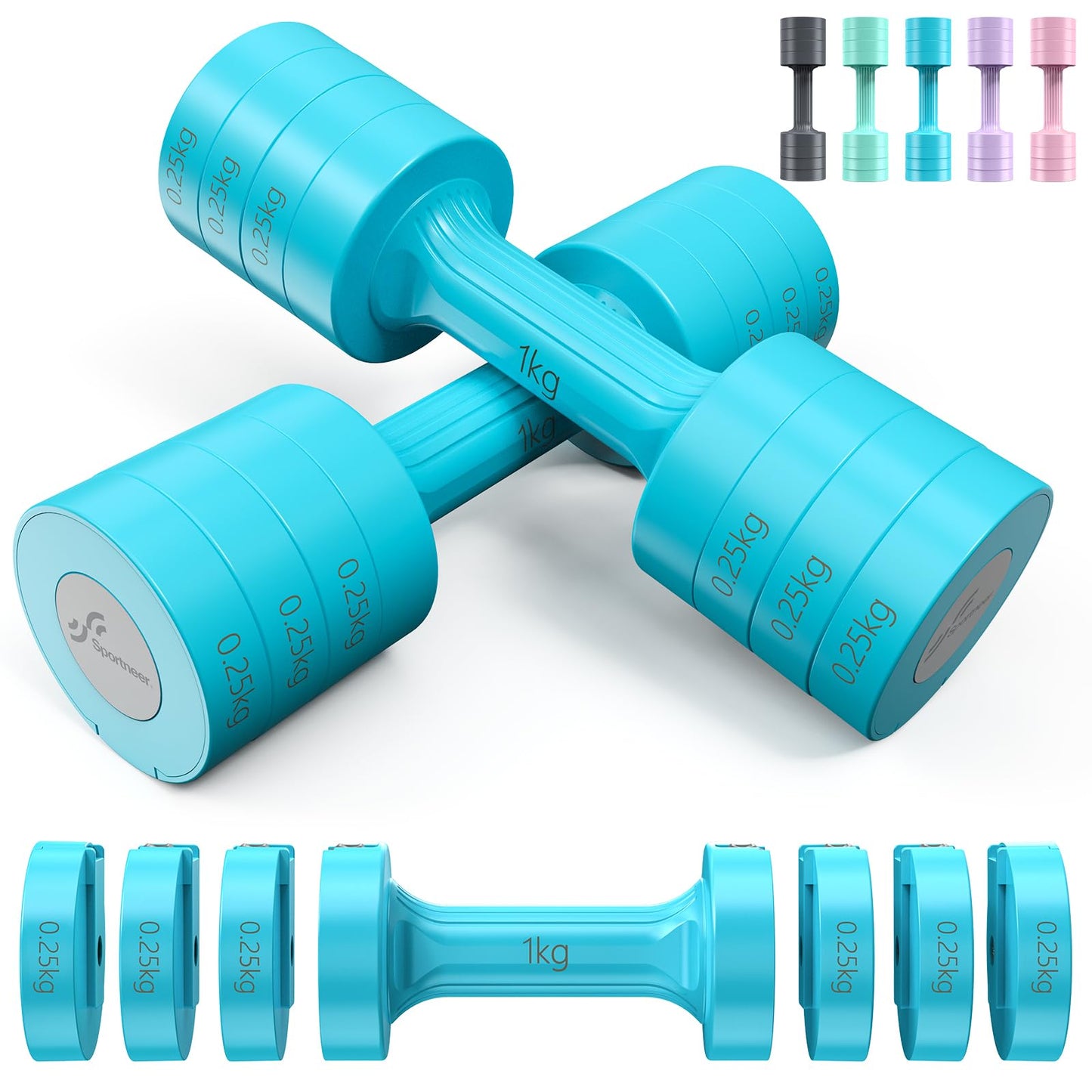 Sportneer Verstellbares Kurzhantel-Set - Kurzhanteln für Frauen, je 1-2,5 kg, 4-in-1 Kurzhantel-Set zu 2, Verstellbares Kurzhantel-Set für Heim-Fitnessstudio, Fitness, Krafttraining, Geschenk