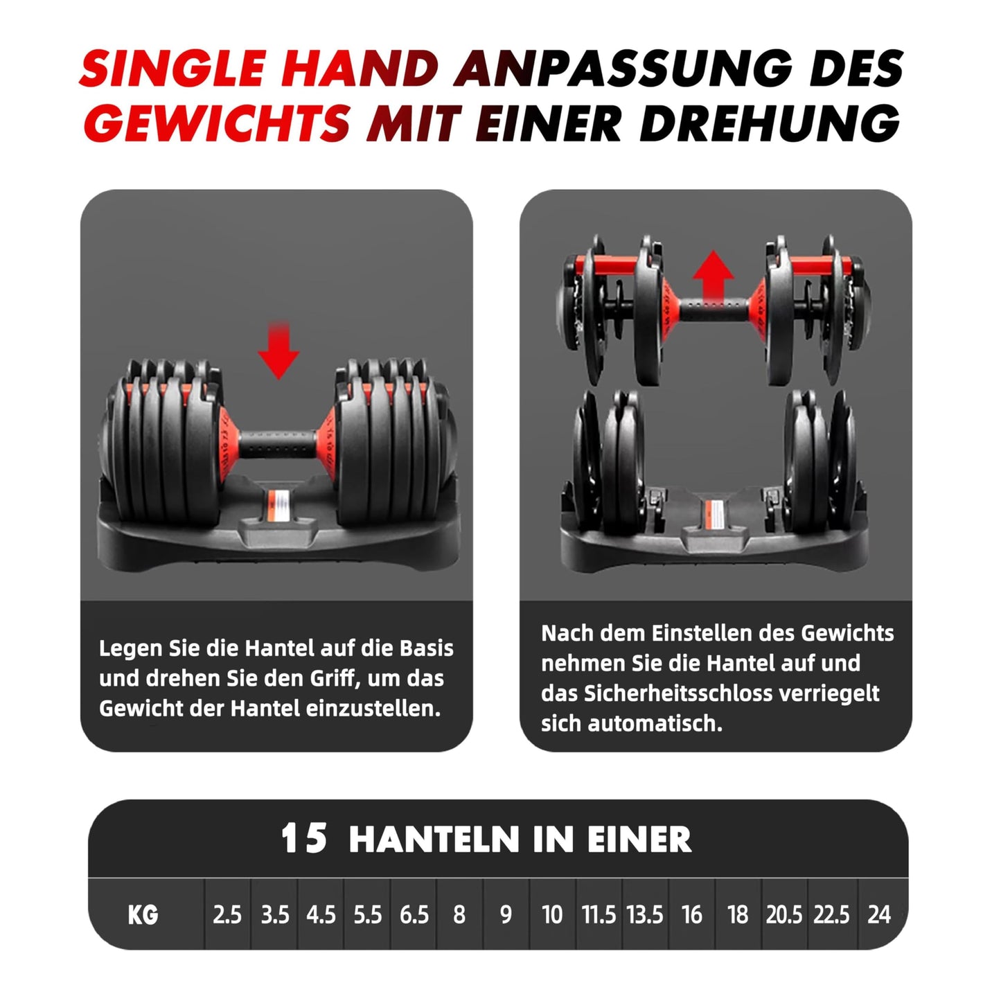 2 x 24/40 kg verstellbare Hanteln, 15-in-1 Hantelset, verstellbare platzsparende Hanteln, Kraft- und Heimtraining, variable Gewichte, platzsparend (24-40 kg)