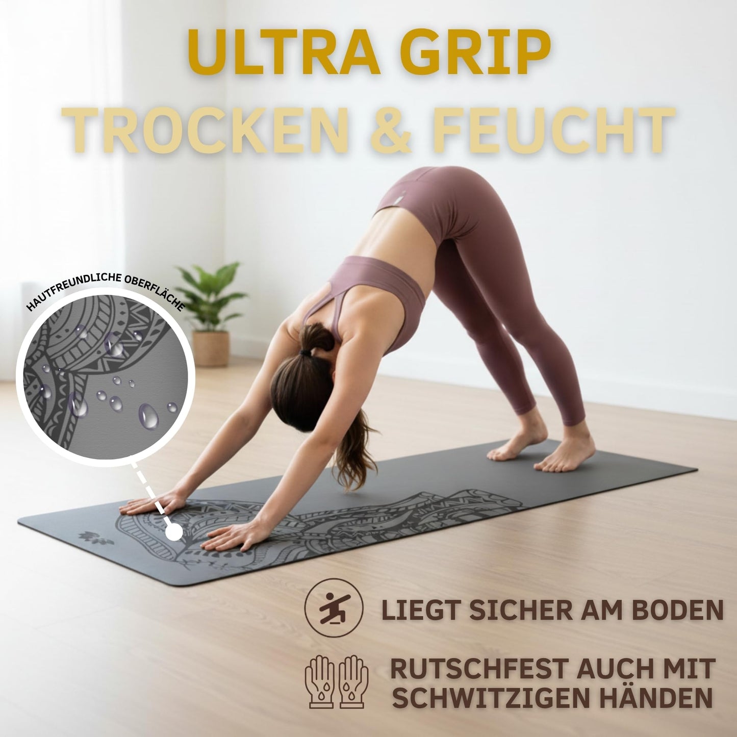 Yogamatte Naturkautschuk Ultra Grip - Extra Breit 68cm 4mm