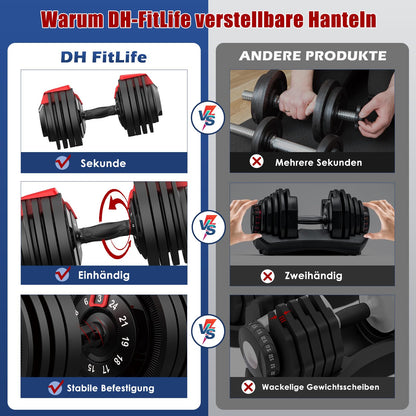 DH FitLife verstellbare Hantel 3 bis 24 kg mit 12 Gewichtsstufen, Hantelset mit Gewichtsscheiben, verstellbare Gewichte 12 in 1