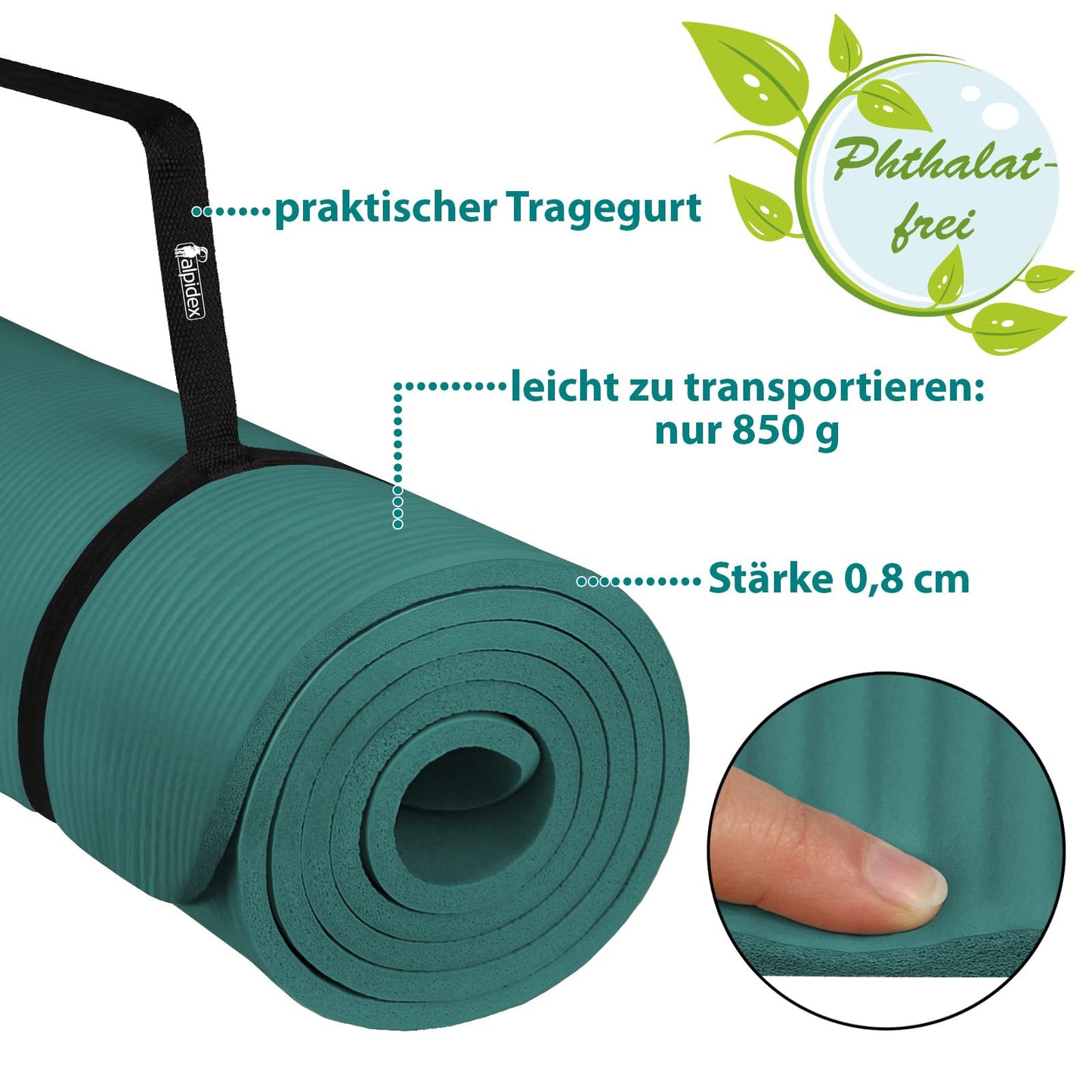 ALPIDEX Yogamatte 183 x 60 x 0,8 cm phthalatfreie Fitnessmatte mit Tragegurt, rutschfest, für Gymnastik, Pilates, Sport, Physiotherapie, HiiT, Yoga, Training und Schlafmatte, hautfreundlich