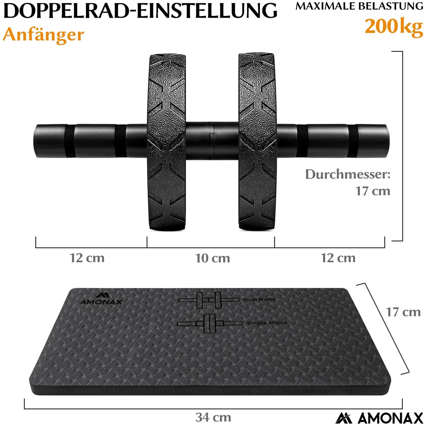 Bauchmuskeltrainer AB Roller 2-in-1 mit Kniematte - bis 150kg