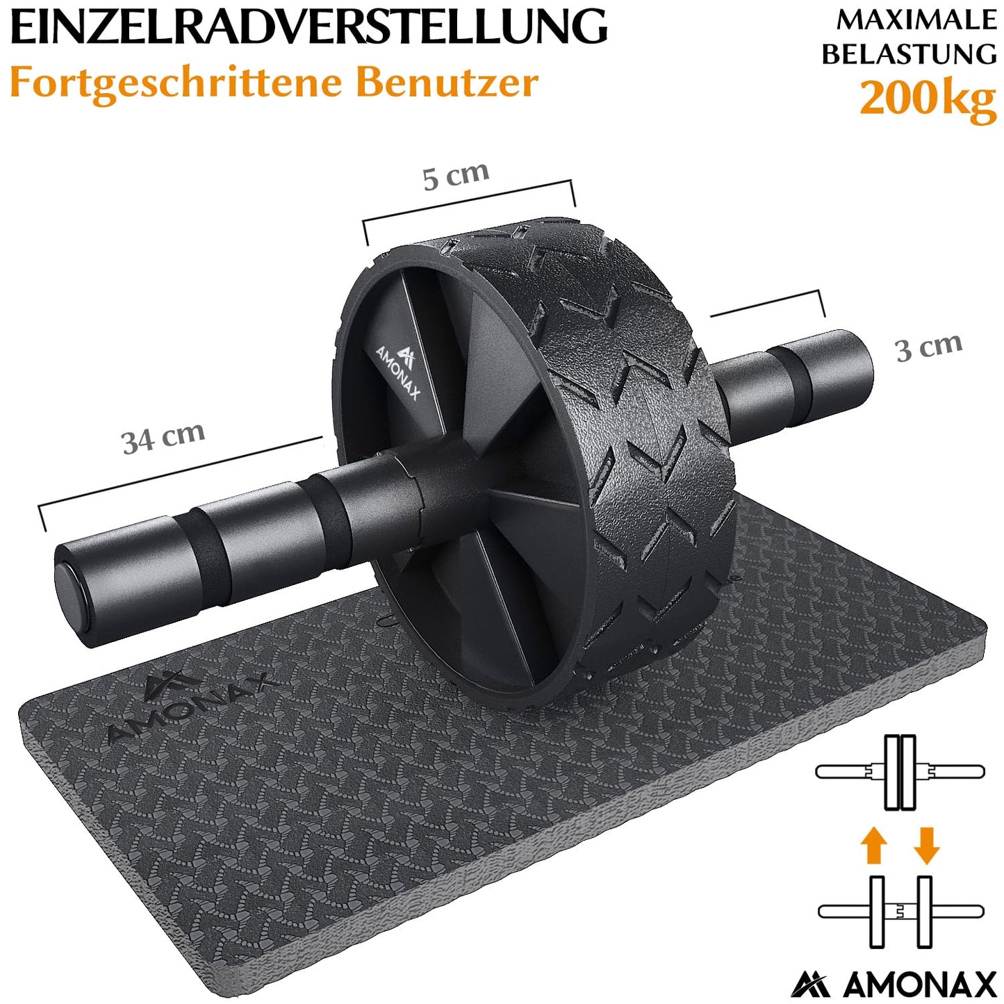 Bauchmuskeltrainer AB Roller 2-in-1 mit Kniematte - bis 150kg