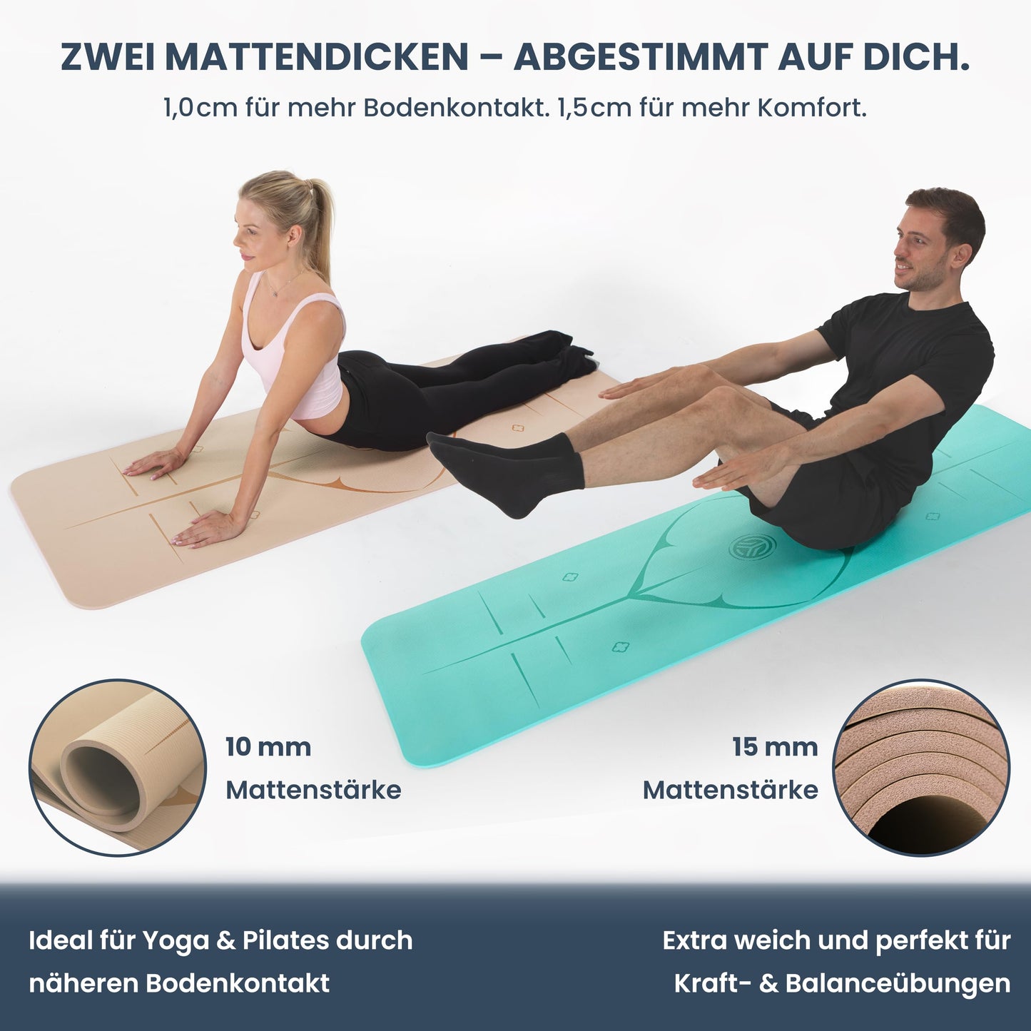 Yogamatte Rutschfest Gelenkschonend - 2 Dicken 1,0 & 1,5 cm NBR
