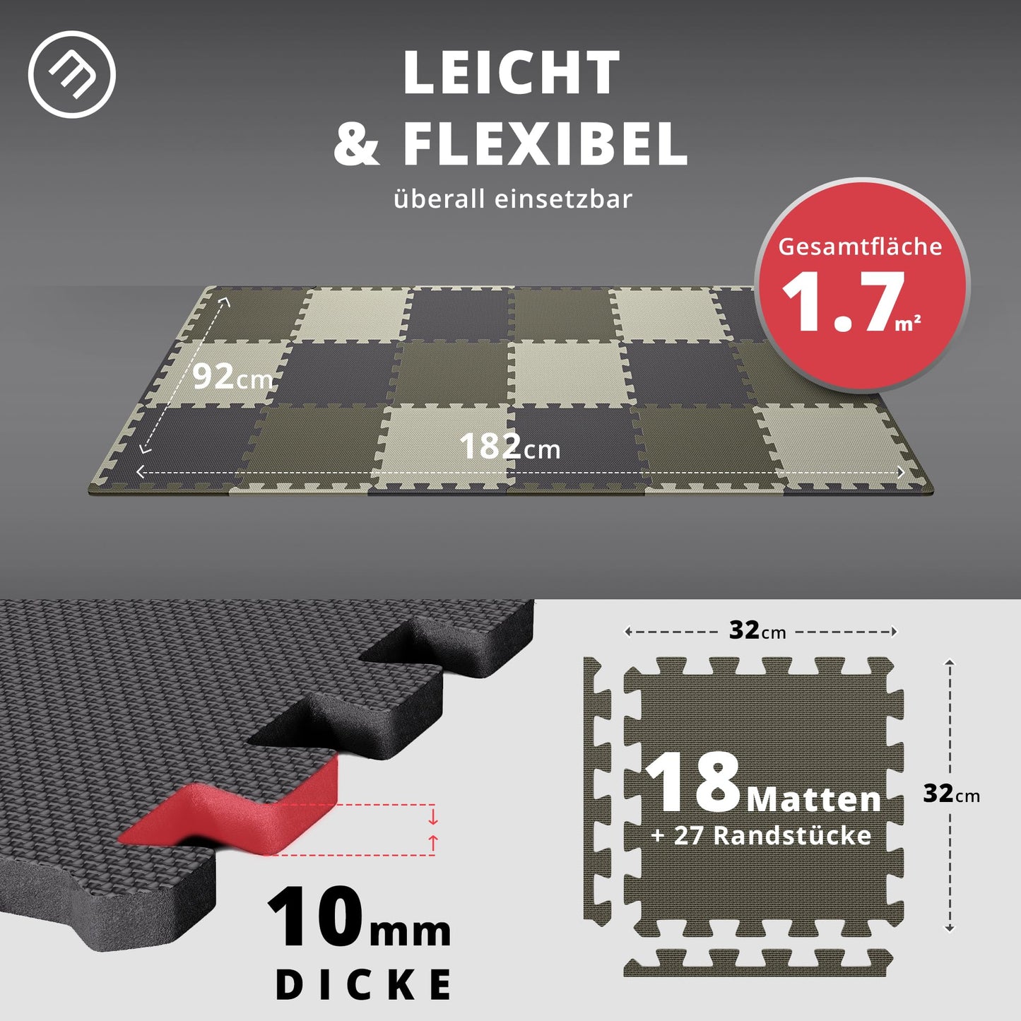 Bodenschutzmatten Puzzlematten 18 Teile - EVA Schutzmatte 1,67m²