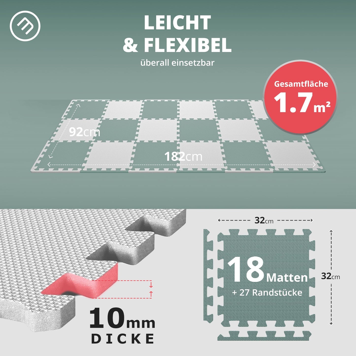 Bodenschutzmatten Puzzlematten 18 Teile - EVA Schutzmatte 1,67m²
