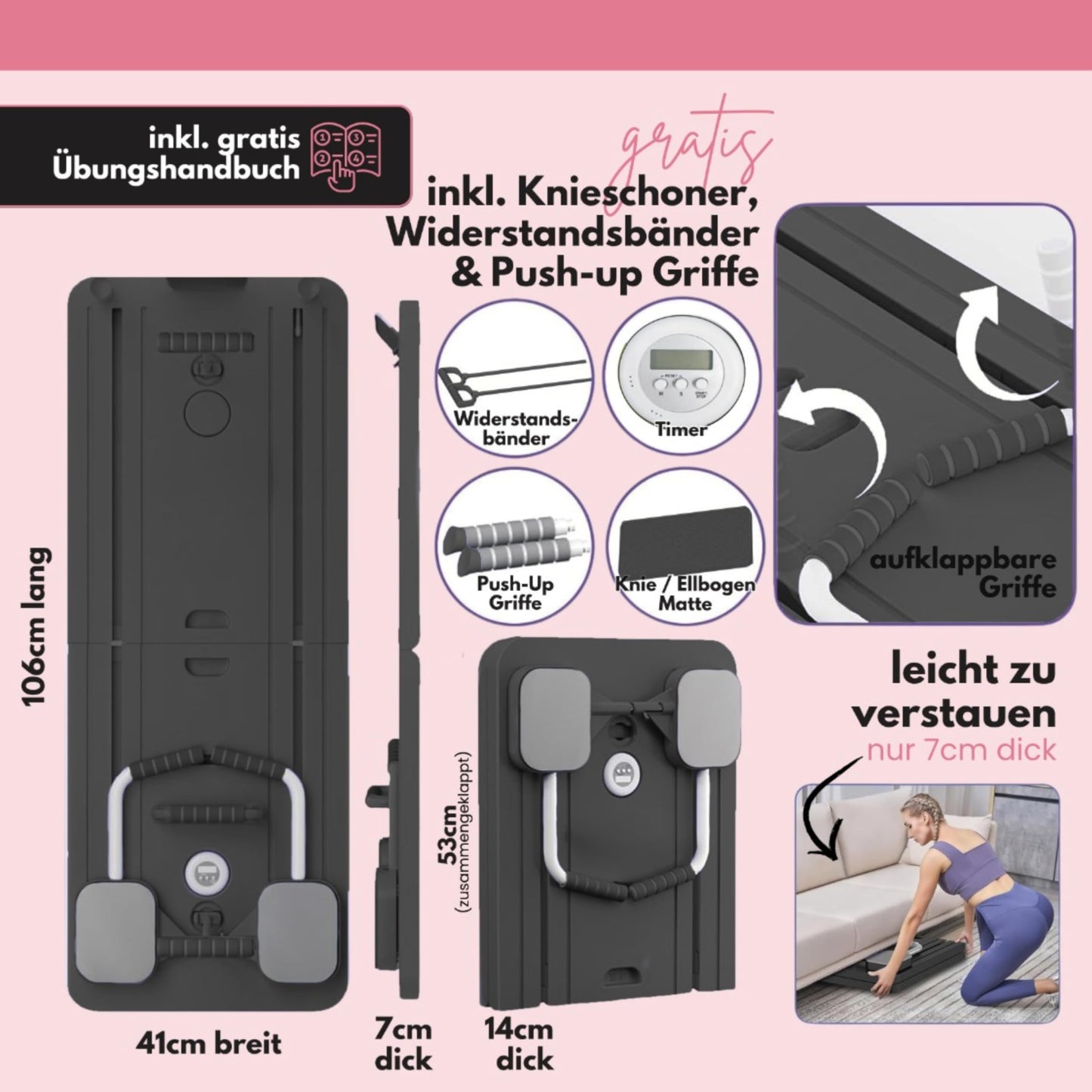 Pro – Klappbarer Pilates-Reformer & Heimtrainer – Über 50 Übungen mit Videoanleitungen – Inklusive Timer, Widerstandsbändern, Griffen & Kniepolstern – Ganzkörpertraining