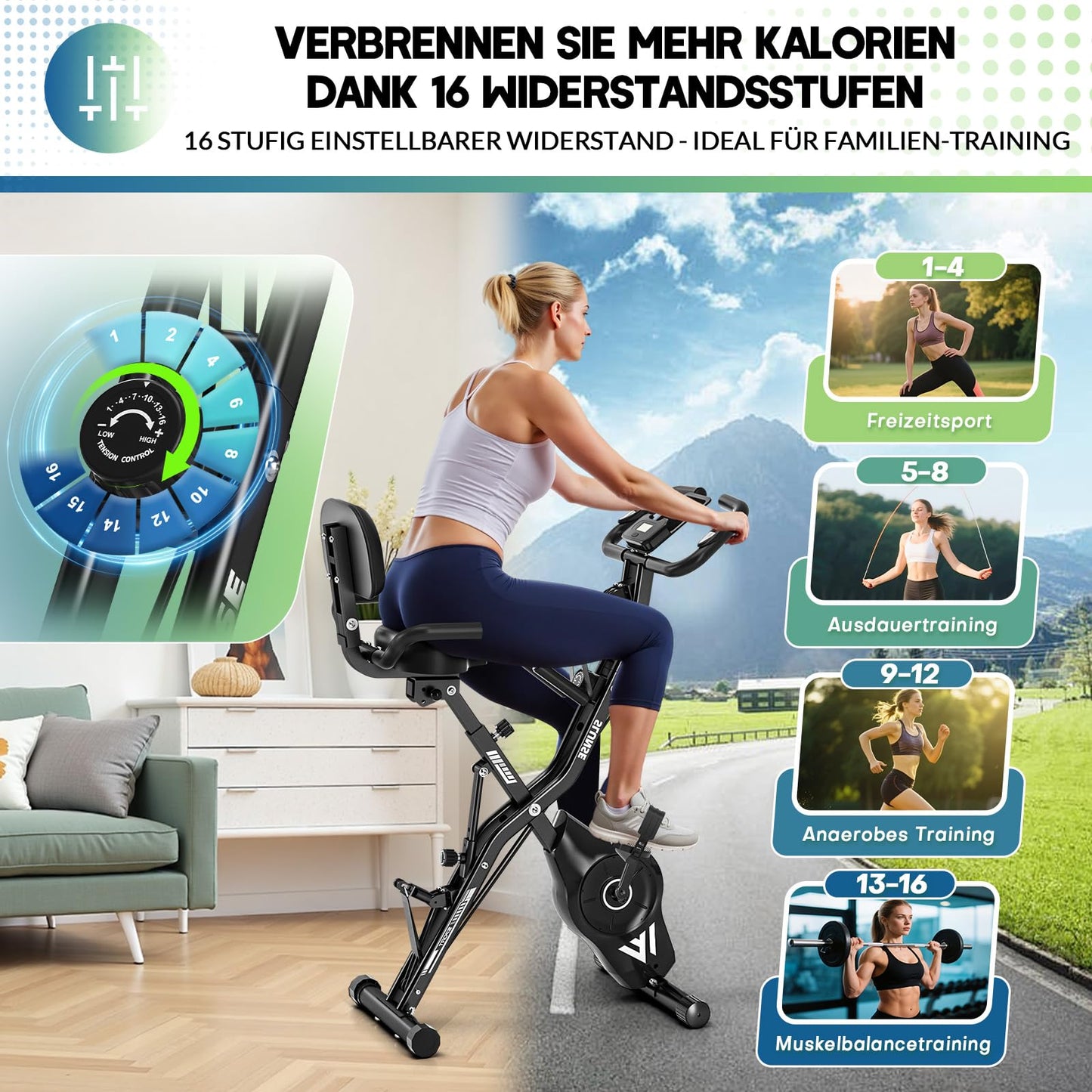 Heimtrainer Fahrrad 5-in-1 Klappbar - 16 Stufen 10dB Leise bis 160kg