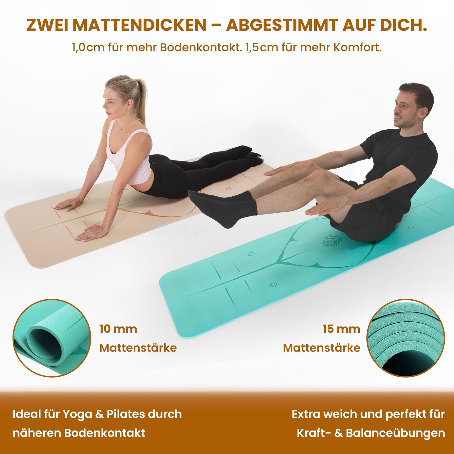 Yogamatte Rutschfest Gelenkschonend - 2 Dicken 1,0 & 1,5 cm NBR