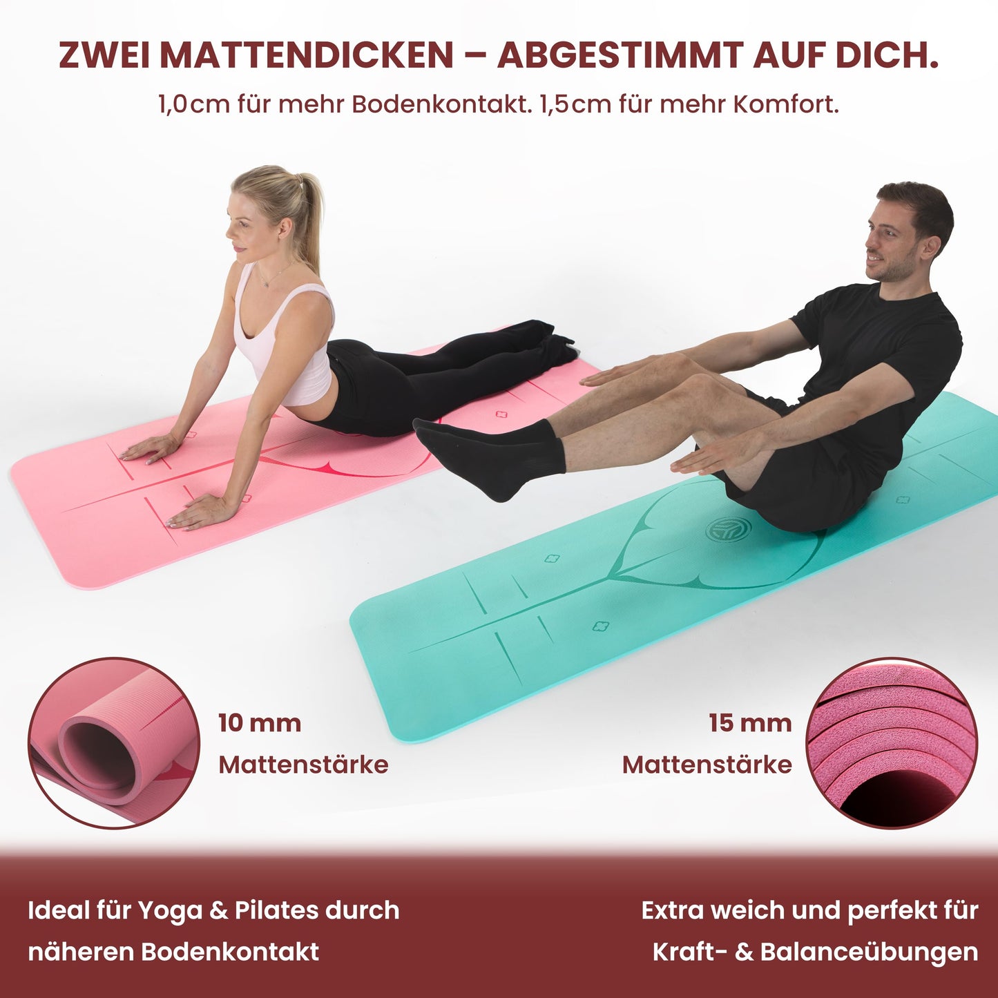 Yogamatte Rutschfest Gelenkschonend - 2 Dicken 1,0 & 1,5 cm NBR