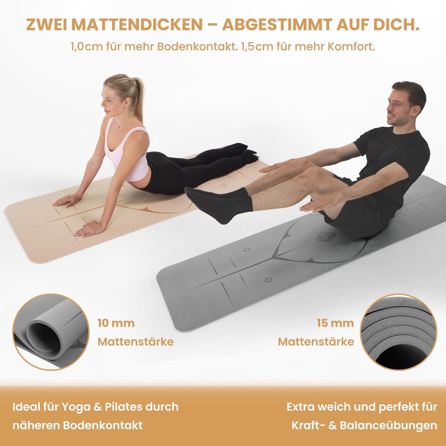 Yogamatte Rutschfest Gelenkschonend - 2 Dicken 1,0 & 1,5 cm NBR
