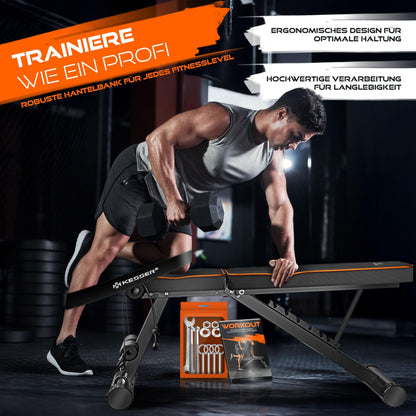 Hantelbank verstellbar mit Fitnessband Workout Buch
